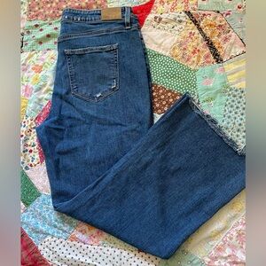 PAIGE Leenah Ankle Jeans in Classic Blue Wide Leg Raw Hem Excellent Shape Size32